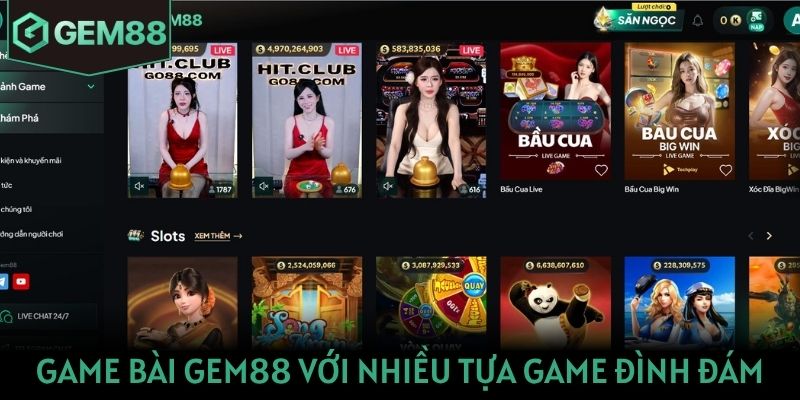 Sảnh game bài Gem88 với nhiều tựa game đình đám